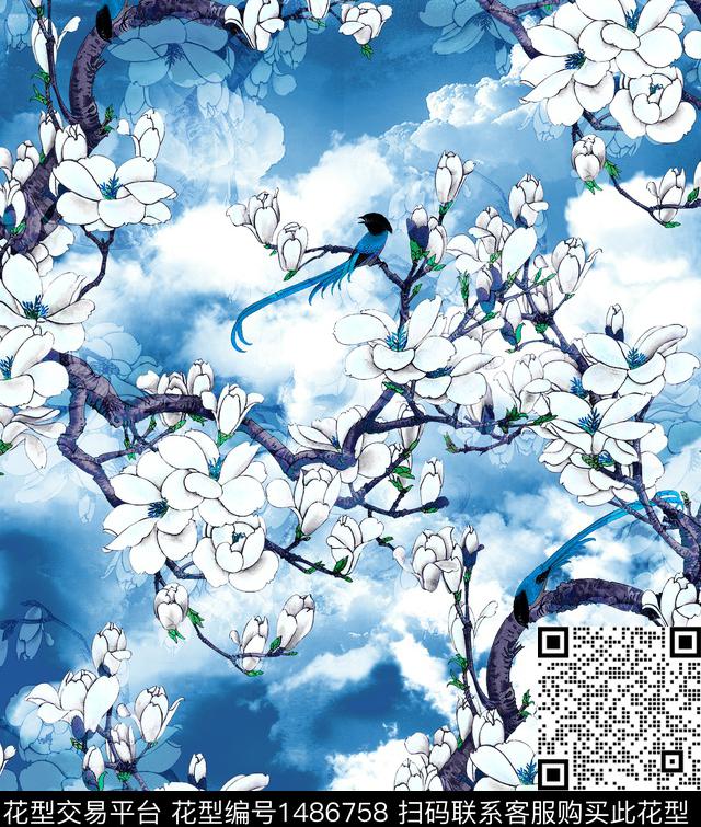 玉兰花水墨风旗袍数码印花华亿平台下载（图片编号: 1486758） - 瓦栏（Walan）