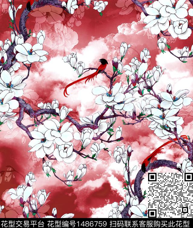 玉兰花荷花水墨风数码印花华亿平台下载（图片编号: 1486759） - 瓦栏（Walan）