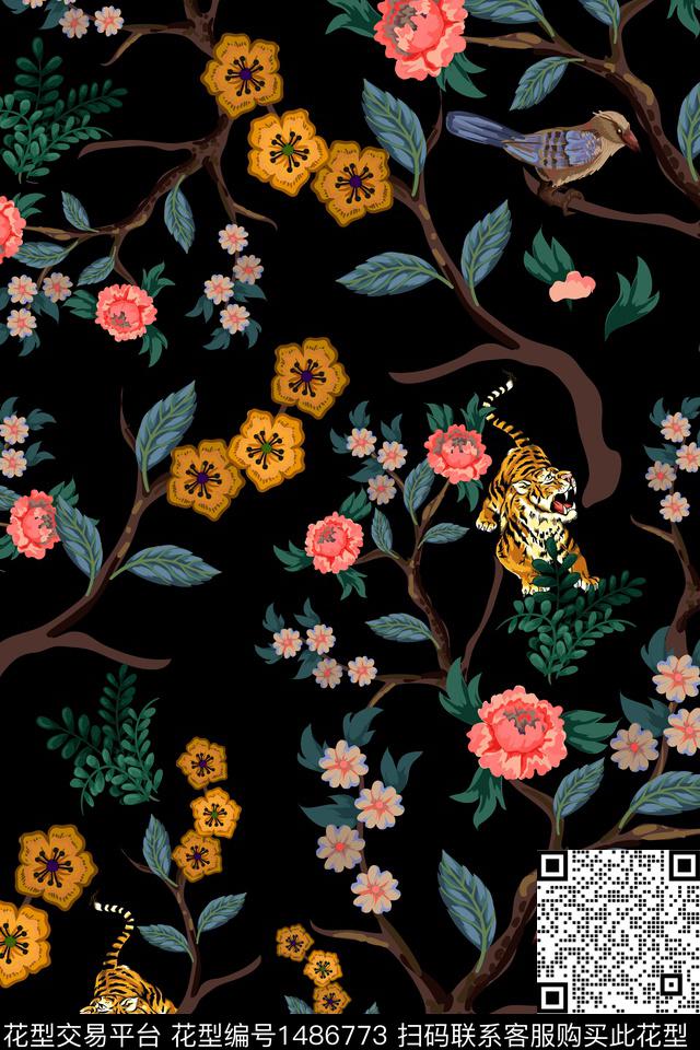 黑底花卉绿植树叶审数码印花华亿平台下载（图片编号: 1486773） - 瓦栏（Walan）