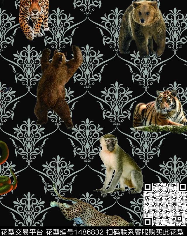 数码华亿平台动物头男装满版花数码印花华亿平台下载（图片编号: 1486832） - 瓦栏（Walan）