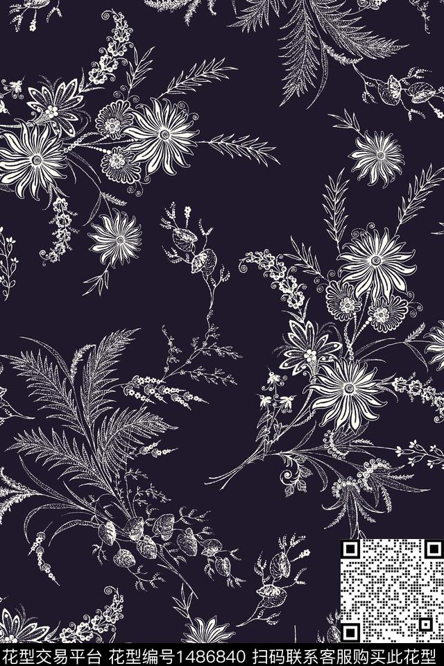 花卉大牌风真丝数码印花华亿平台下载（图片编号: 1486840） - 瓦栏（Walan）