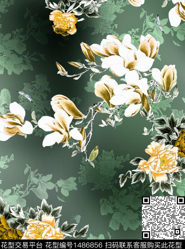 玉兰花香云纱旗袍数码印花华亿平台下载（图片编号: 1486856） - 瓦栏（Walan）