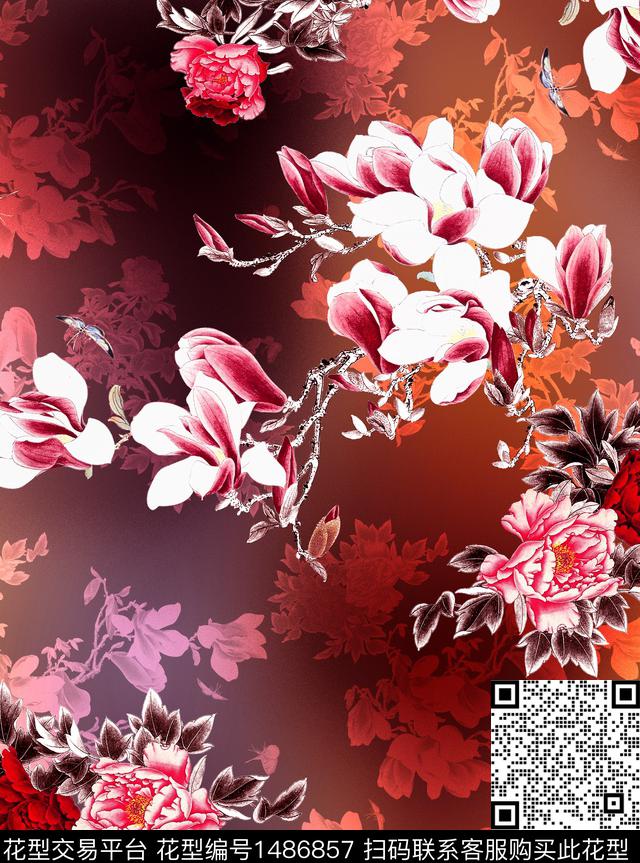 玉兰花香云纱旗袍数码印花华亿平台下载（图片编号: 1486857） - 瓦栏（Walan）