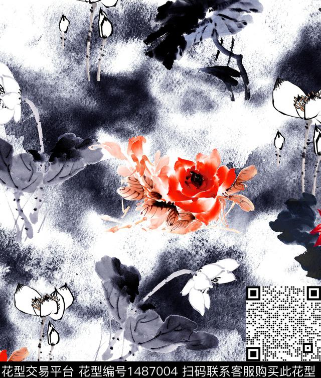 荷花水墨风牡丹数码印花华亿平台下载（图片编号: 1487004） - 瓦栏（Walan）