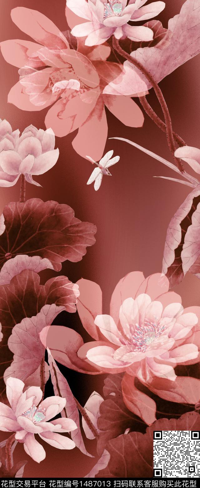 荷花香云纱旗袍数码印花华亿平台下载（图片编号: 1487013） - 瓦栏（Walan）