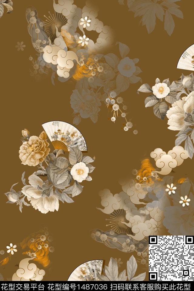 花卉香云纱中国风数码印花华亿平台下载（图片编号: 1487036） - 瓦栏（Walan）
