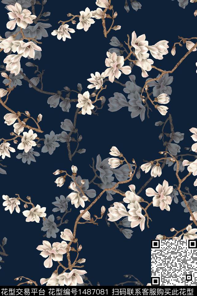 复古花卉真丝数码印花华亿平台下载（图片编号: 1487081） - 瓦栏（Walan）