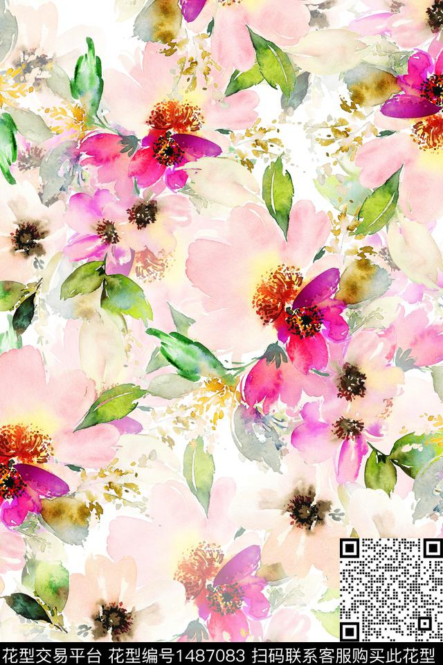 花卉小清新真丝数码印花华亿平台下载（图片编号: 1487083） - 瓦栏（Walan）