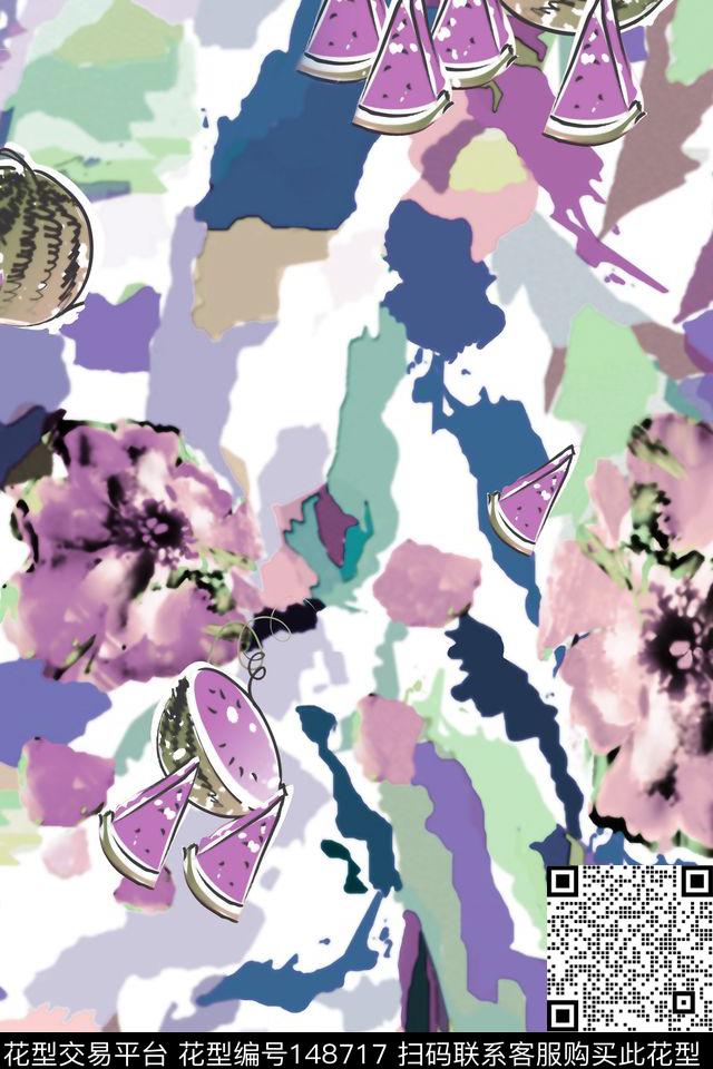 色块肌理插画风西瓜数码印花华亿平台下载（图片编号: 148717） - 瓦栏（Walan）