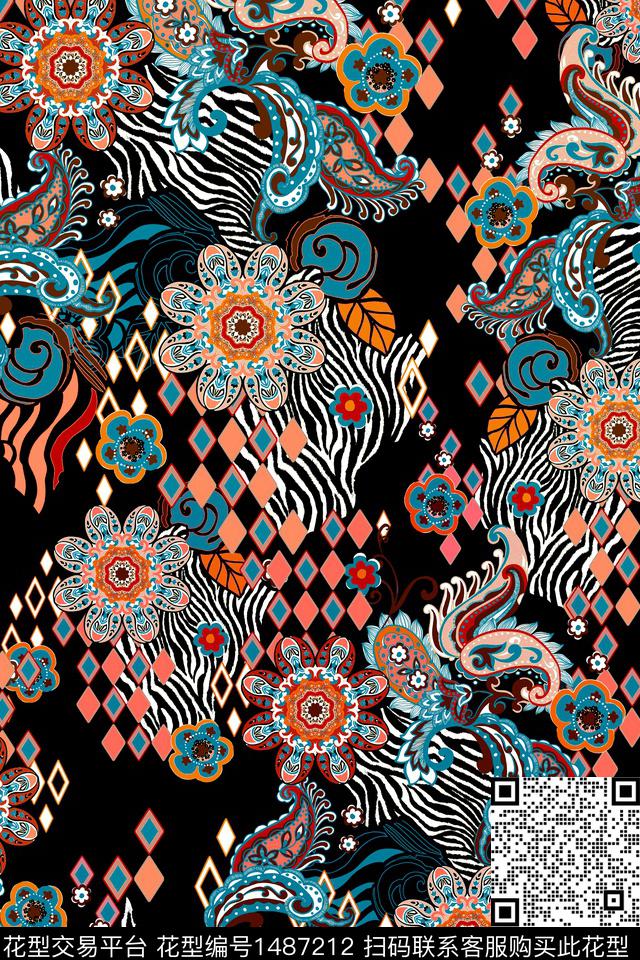 斑马纹佩斯利菱格数码印花华亿平台下载（图片编号: 1487212） - 瓦栏（Walan）