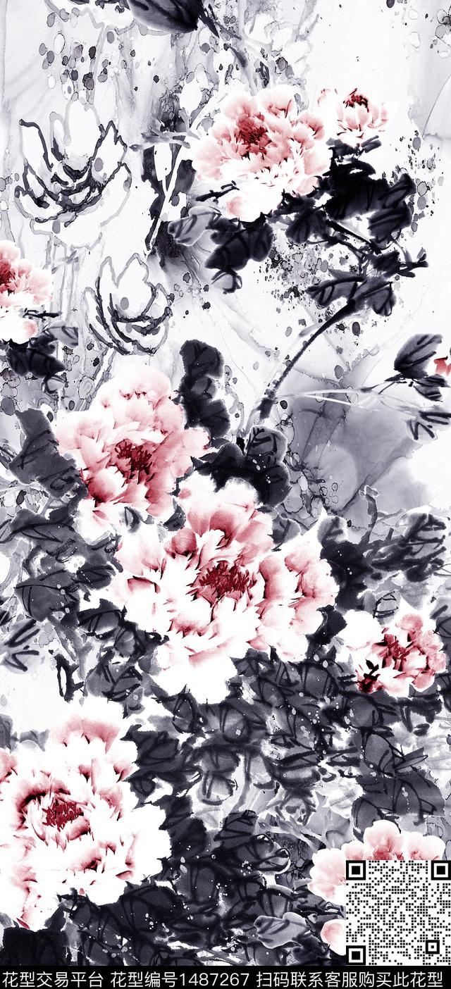 荷花香云纱旗袍数码印花华亿平台下载（图片编号: 1487267） - 瓦栏（Walan）