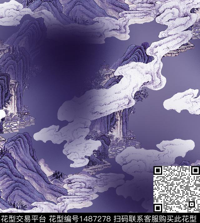 祥云香云纱旗袍数码印花华亿平台下载（图片编号: 1487278） - 瓦栏（Walan）