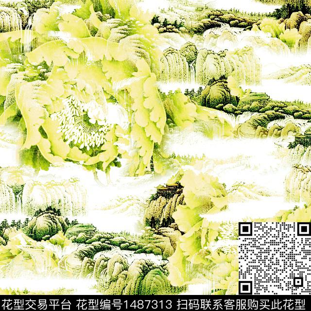 青花瓷荷花香云纱数码印花华亿平台下载（图片编号: 1487313） - 瓦栏（Walan）