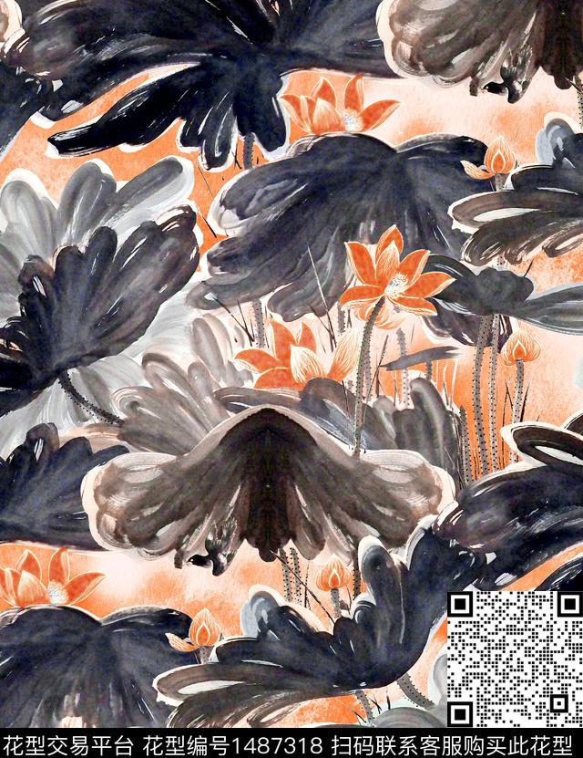 荷花香云纱旗袍数码印花华亿平台下载（图片编号: 1487318） - 瓦栏（Walan）