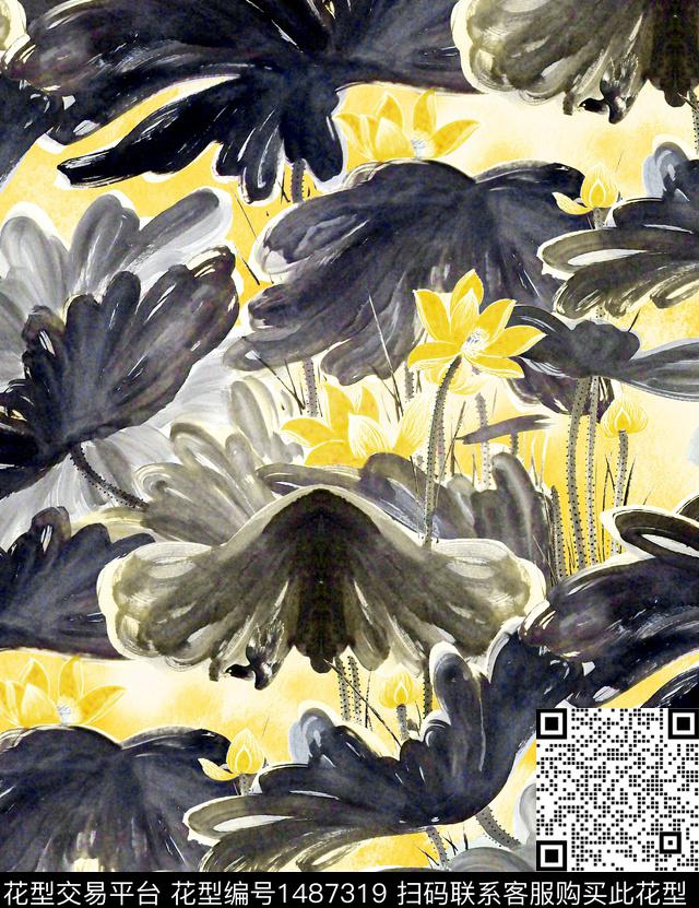 青花瓷荷花香云纱数码印花华亿平台下载（图片编号: 1487319） - 瓦栏（Walan）