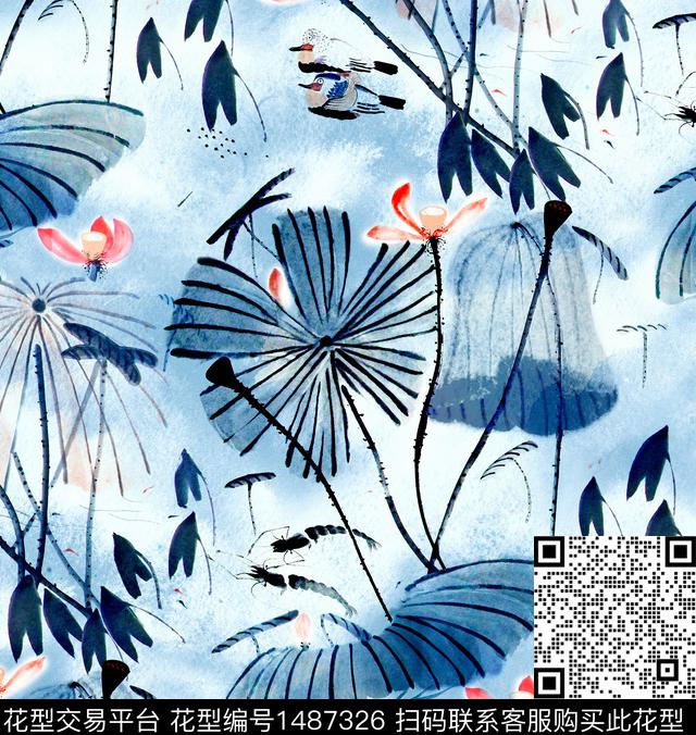 青花瓷荷花香云纱数码印花华亿平台下载（图片编号: 1487326） - 瓦栏（Walan）