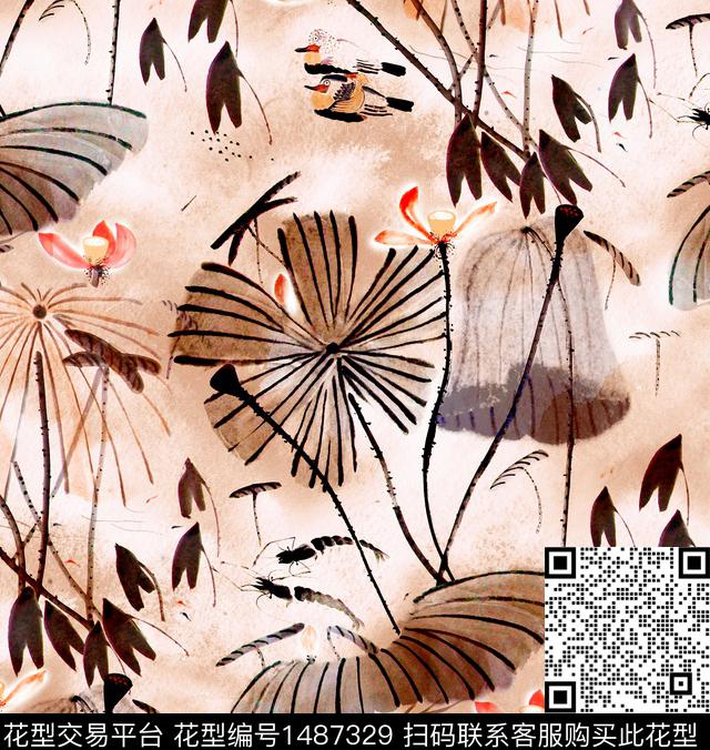 青花瓷荷花香云纱数码印花华亿平台下载（图片编号: 1487329） - 瓦栏（Walan）