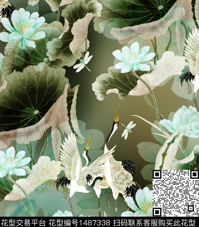 青花瓷荷花香云纱数码印花华亿平台下载（图片编号: 1487338） - 瓦栏（Walan）