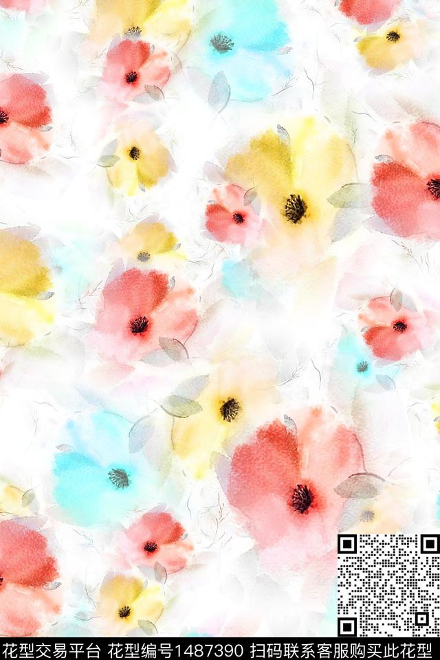 水彩肌理抽象花卉数码印花华亿平台下载（图片编号: 1487390） - 瓦栏（Walan）
