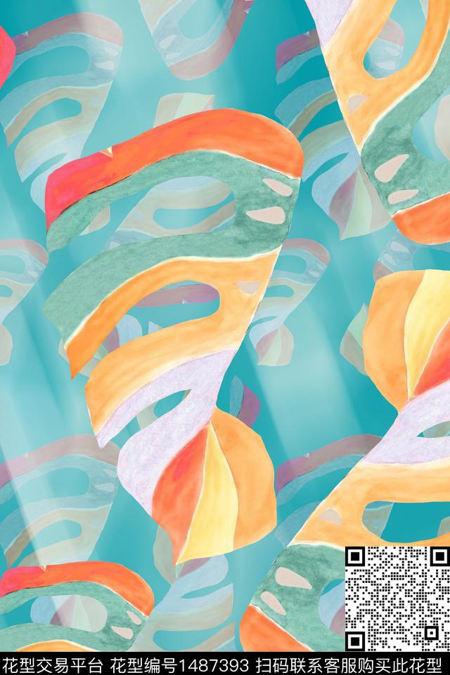 绿植树叶抽象花卉雪纺数码印花华亿平台下载（图片编号: 1487393） - 瓦栏（Walan）