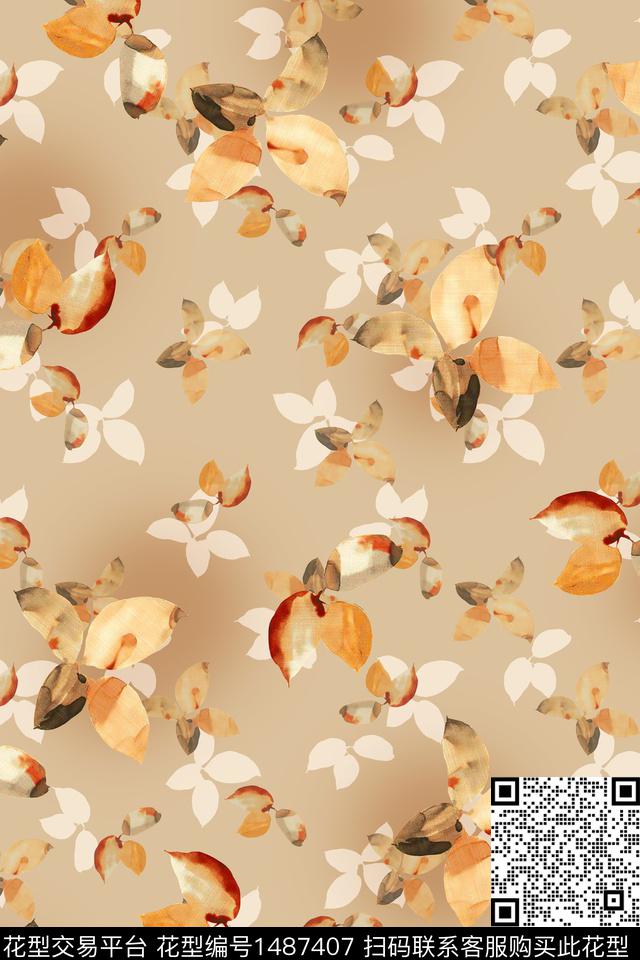 水彩绿植树叶传统纹样数码印花华亿平台下载（图片编号: 1487407） - 瓦栏（Walan）