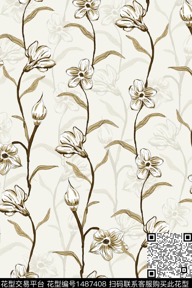 花卉大牌风手绘数码印花华亿平台下载（图片编号: 1487408） - 瓦栏（Walan）