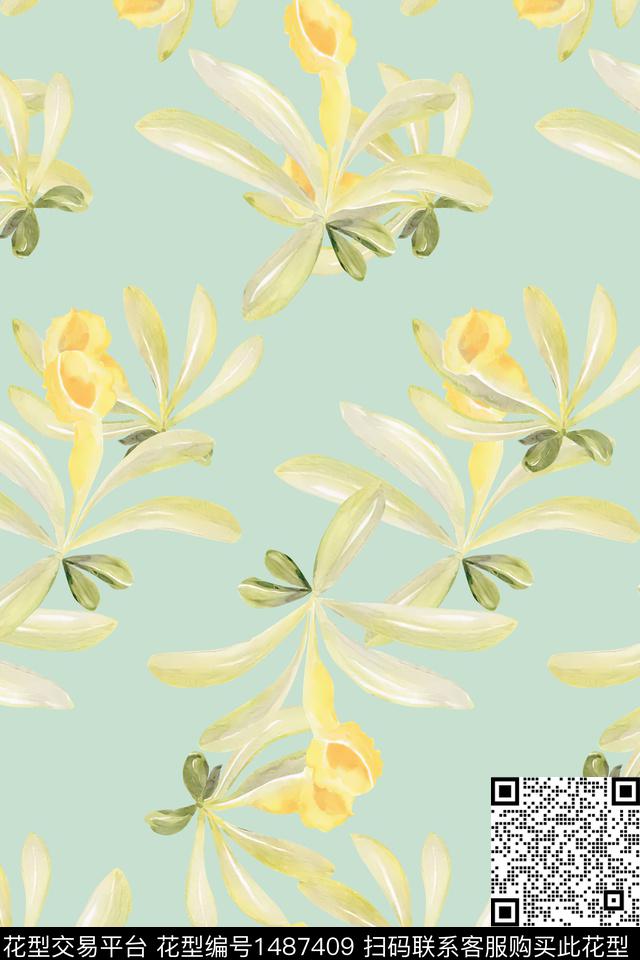 绿植树叶花卉小清新数码印花华亿平台下载（图片编号: 1487409） - 瓦栏（Walan）