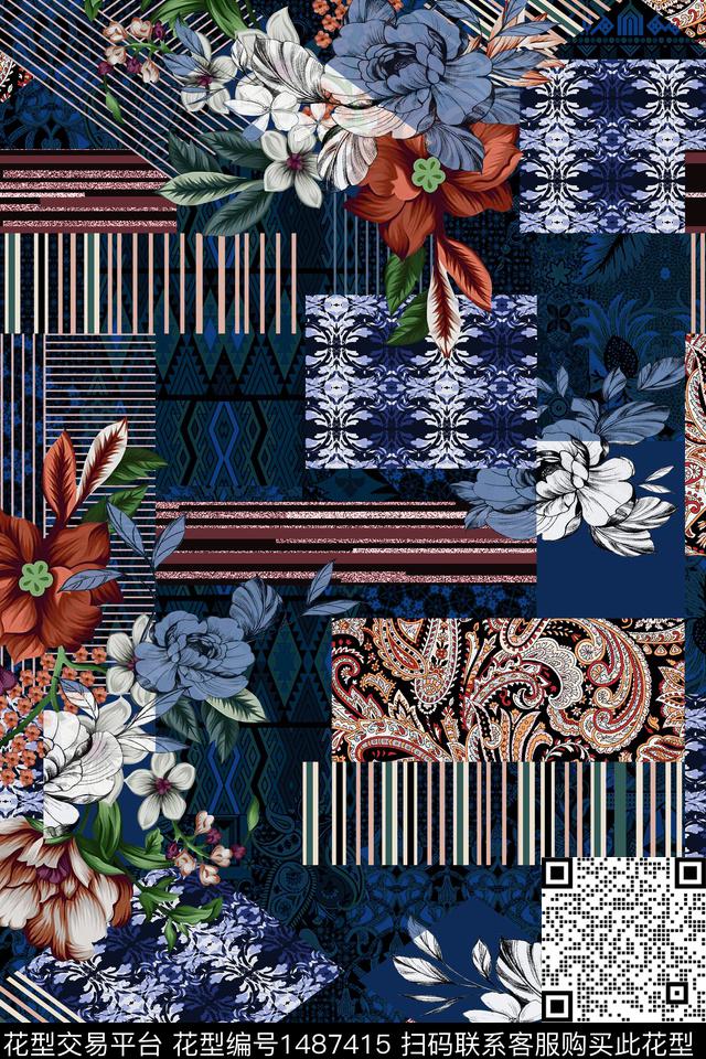 民族风花卉真丝数码印花华亿平台下载（图片编号: 1487415） - 瓦栏（Walan）
