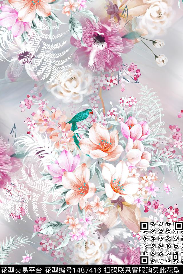 花卉小清新真丝数码印花华亿平台下载（图片编号: 1487416） - 瓦栏（Walan）