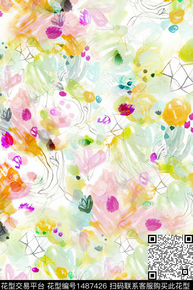 抽象小清新真丝数码印花华亿平台下载（图片编号: 1487426） - 瓦栏（Walan）