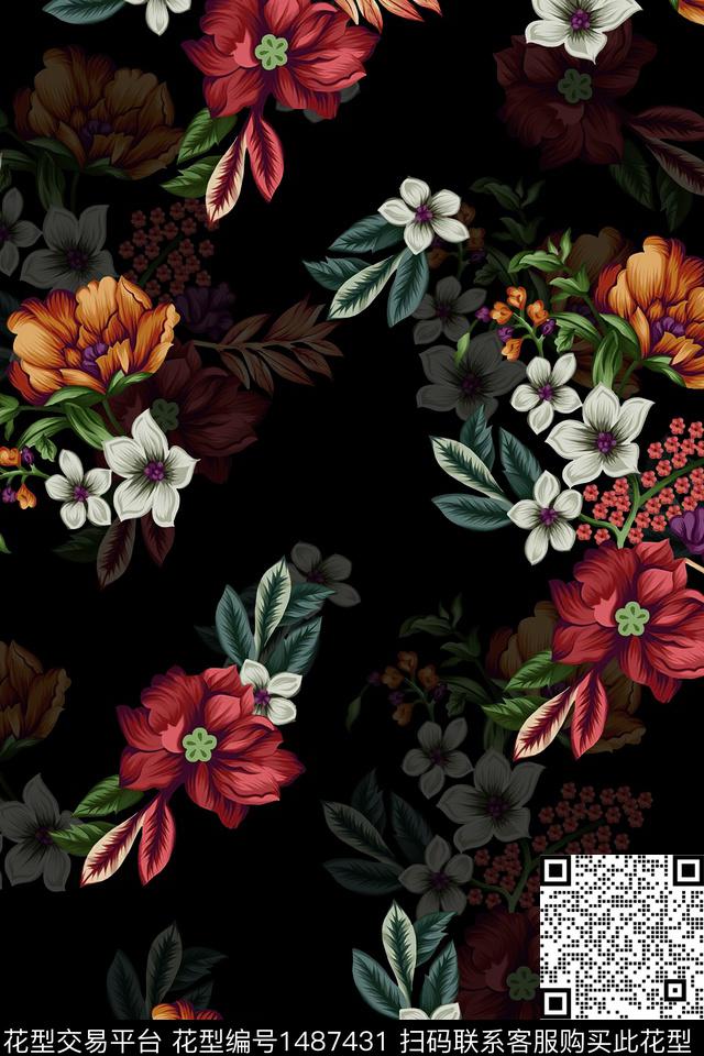 时尚花卉真丝数码印花华亿平台下载（图片编号: 1487431） - 瓦栏（Walan）