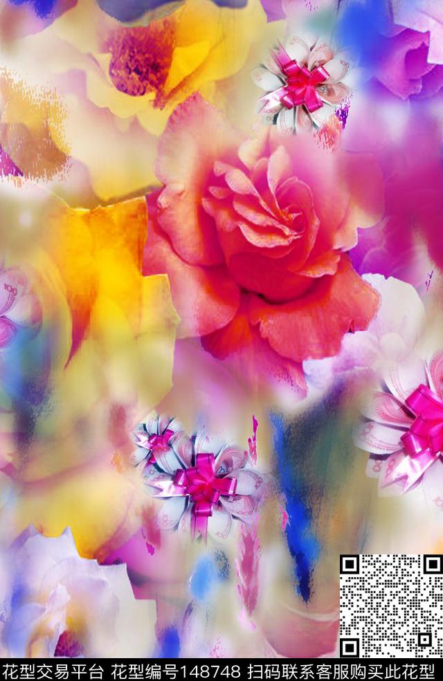 水彩朦胧底纹丝带花卉数码印花华亿平台下载（图片编号: 148748） - 瓦栏（Walan）