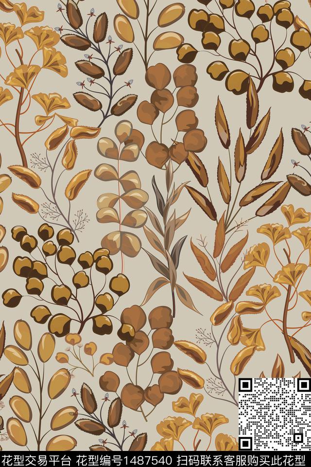 绿植树叶大牌风抽象数码印花华亿平台下载（图片编号: 1487540） - 瓦栏（Walan）