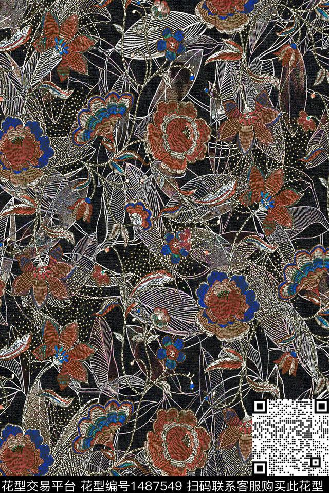 线条画风格化花卉数码印花华亿平台下载（图片编号: 1487549） - 瓦栏（Walan）