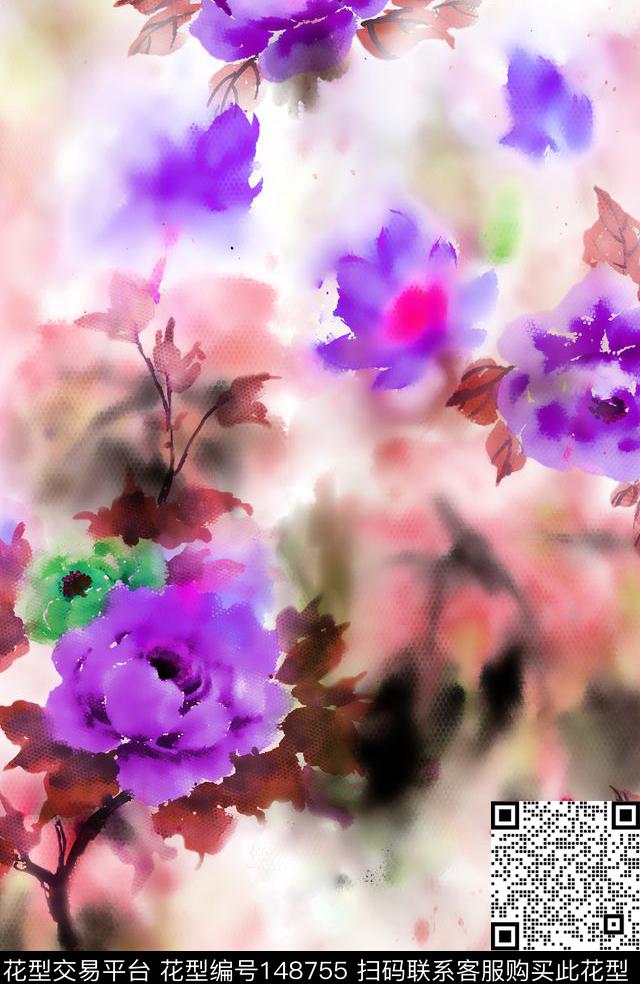 水彩水墨花卉写意数码印花华亿平台下载（图片编号: 148755） - 瓦栏（Walan）