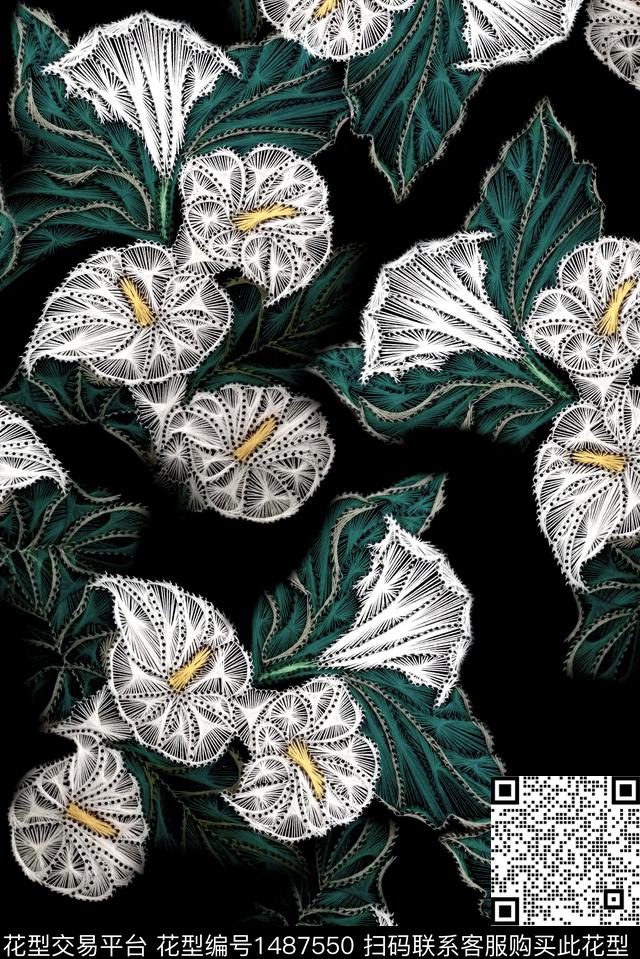 年轻女性线条花卉清爽数码印花华亿平台下载（图片编号: 1487550） - 瓦栏（Walan）