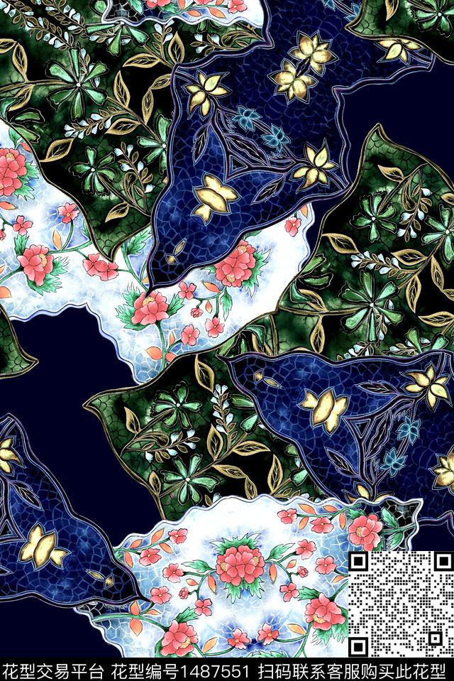 撞色混合拼接花卉数码印花华亿平台下载（图片编号: 1487551） - 瓦栏（Walan）