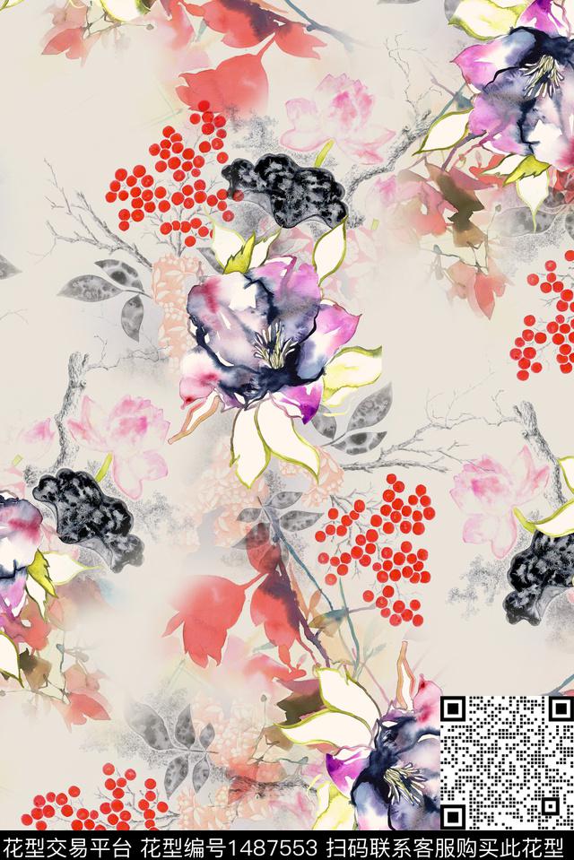 水彩小清新朦胧花卉数码印花华亿平台下载（图片编号: 1487553） - 瓦栏（Walan）