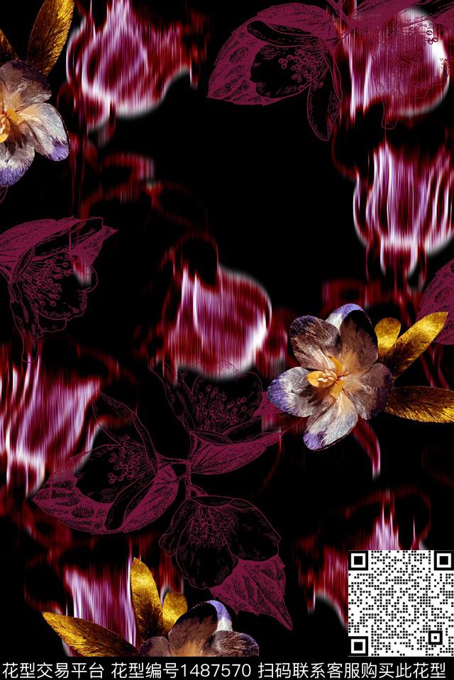 炫彩抽象花卉复古数码印花华亿平台下载（图片编号: 1487570） - 瓦栏（Walan）