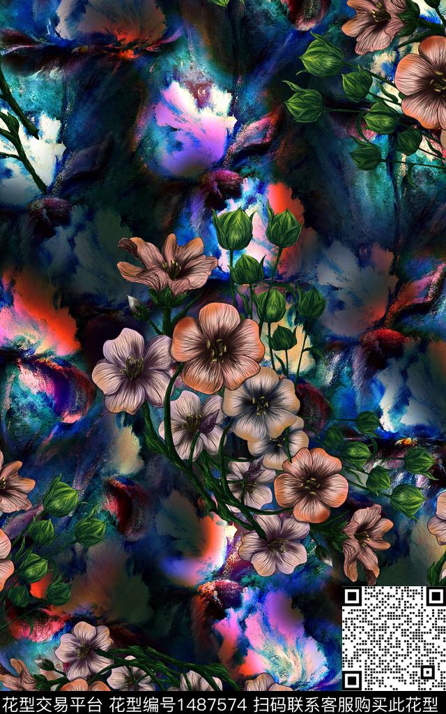 手绘花卉旗袍印花亚麻印花数码印花华亿平台下载（图片编号: 1487574） - 瓦栏（Walan）