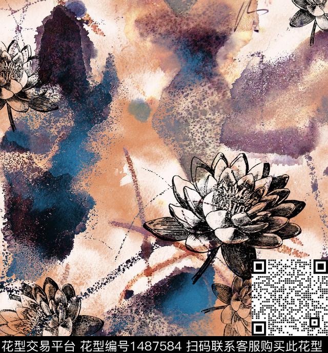 荷花香云纱旗袍数码印花华亿平台下载（图片编号: 1487584） - 瓦栏（Walan）