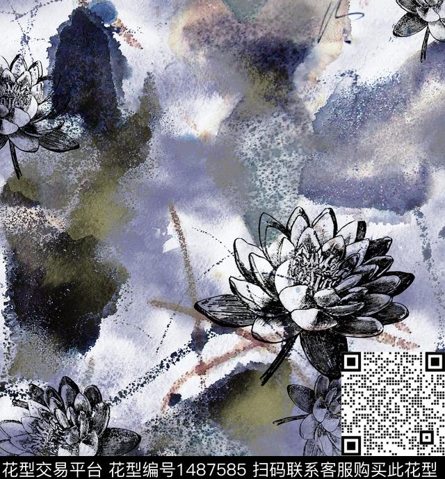 荷花香云纱旗袍数码印花华亿平台下载（图片编号: 1487585） - 瓦栏（Walan）