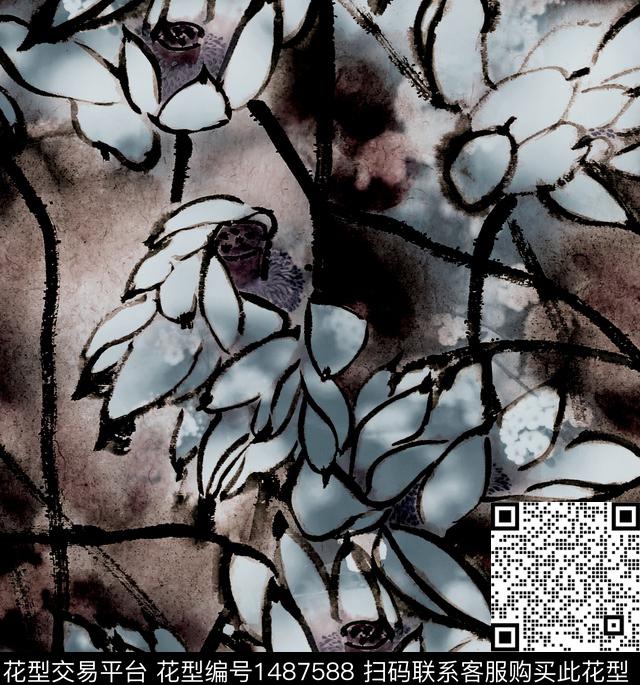 荷花香云纱旗袍数码印花华亿平台下载（图片编号: 1487588） - 瓦栏（Walan）