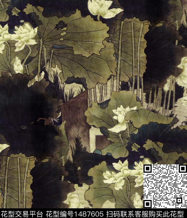 荷花香云纱旗袍数码印花华亿平台下载（图片编号: 1487605） - 瓦栏（Walan）