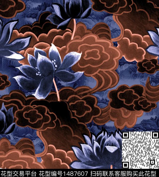 荷花香云纱旗袍数码印花华亿平台下载（图片编号: 1487607） - 瓦栏（Walan）