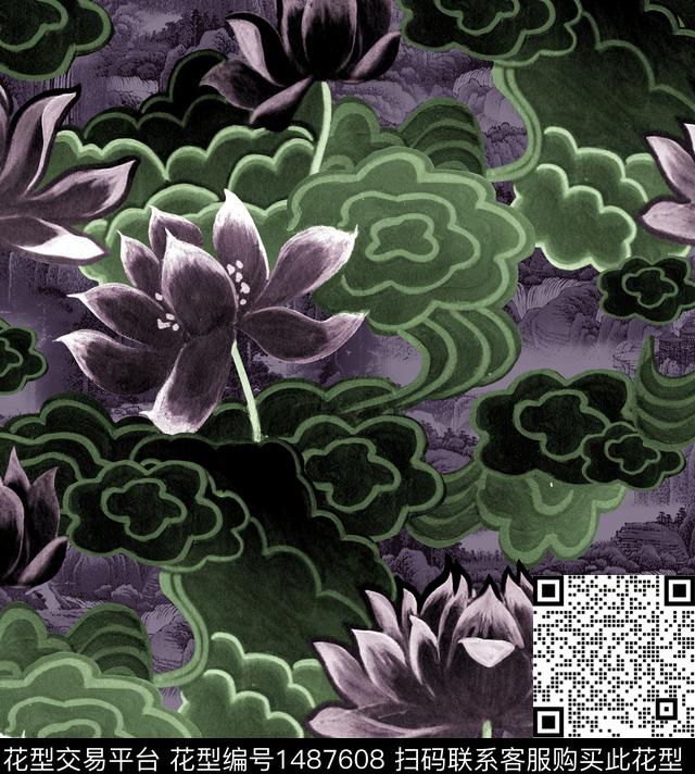 荷花香云纱旗袍数码印花华亿平台下载（图片编号: 1487608） - 瓦栏（Walan）