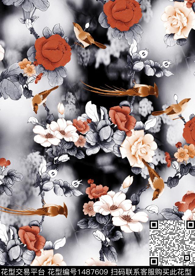 香云纱旗袍牡丹数码印花华亿平台下载（图片编号: 1487609） - 瓦栏（Walan）