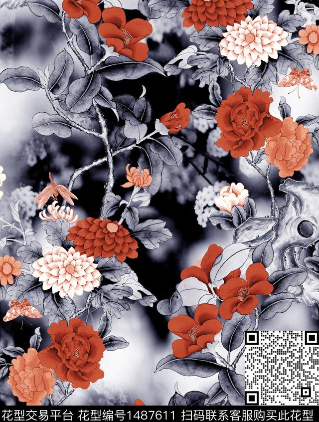 香云纱旗袍牡丹数码印花华亿平台下载（图片编号: 1487611） - 瓦栏（Walan）