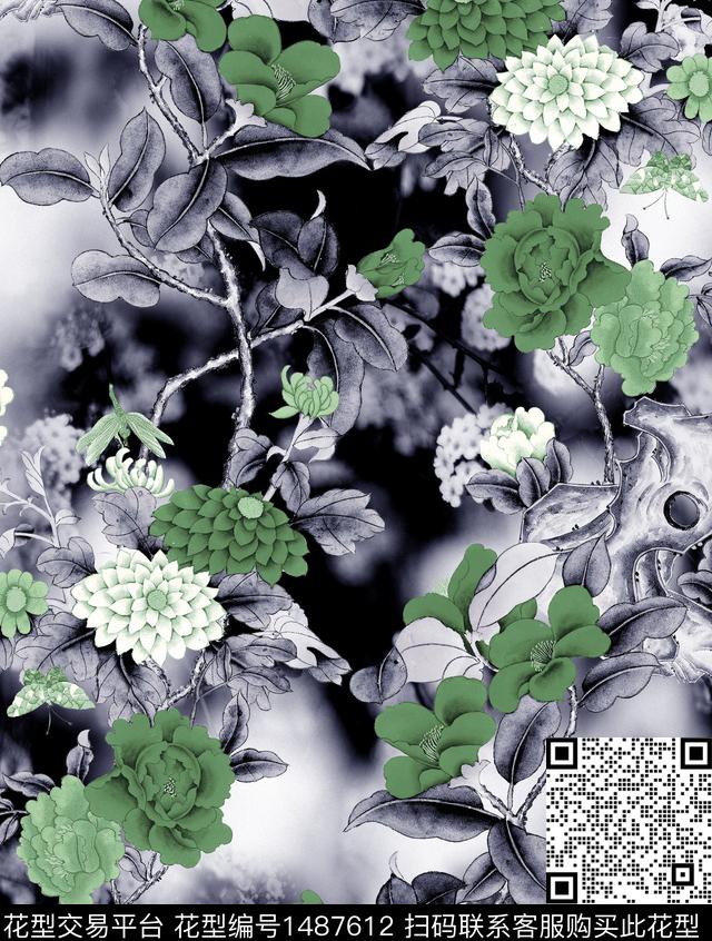 荷花香云纱旗袍数码印花华亿平台下载（图片编号: 1487612） - 瓦栏（Walan）