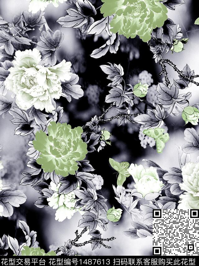 香云纱旗袍牡丹数码印花华亿平台下载（图片编号: 1487613） - 瓦栏（Walan）